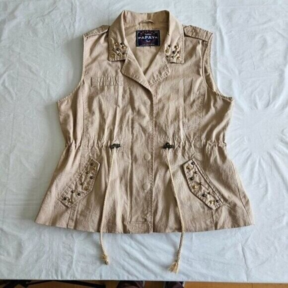 Papaya Vest Womens L Tan Full Zip Studs Pockets Drawstrings Cotton Boho Hippie - Picture 8 of 14